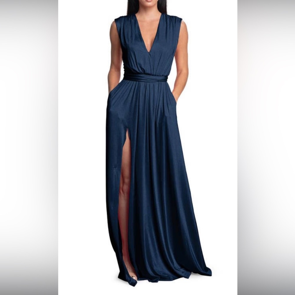 Dress the Population navy metallic floor length formal dress